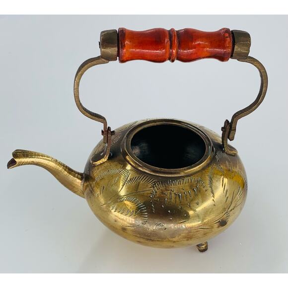 Vintage Brass Tea Kettle Teapot Etched Legs Wood Handle Mini India Missing Lid - Picture 12 of 12